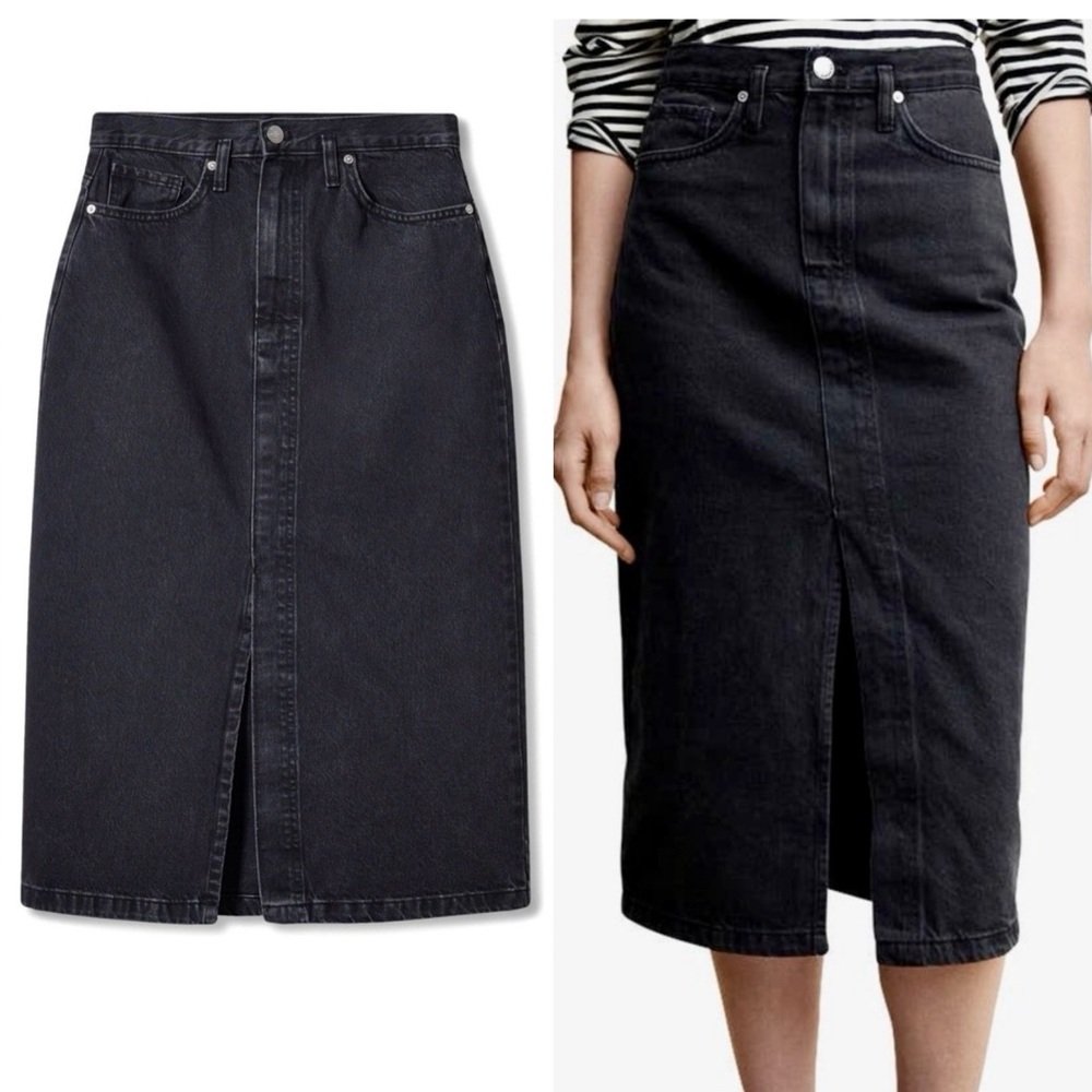 Mango MNG- NWOT off black faded design split front hem midi denim skirt